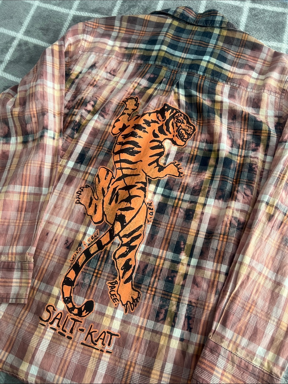 Tiger Plaid Cotton Button Down Oversized Shirt Custom Painted Medium Large